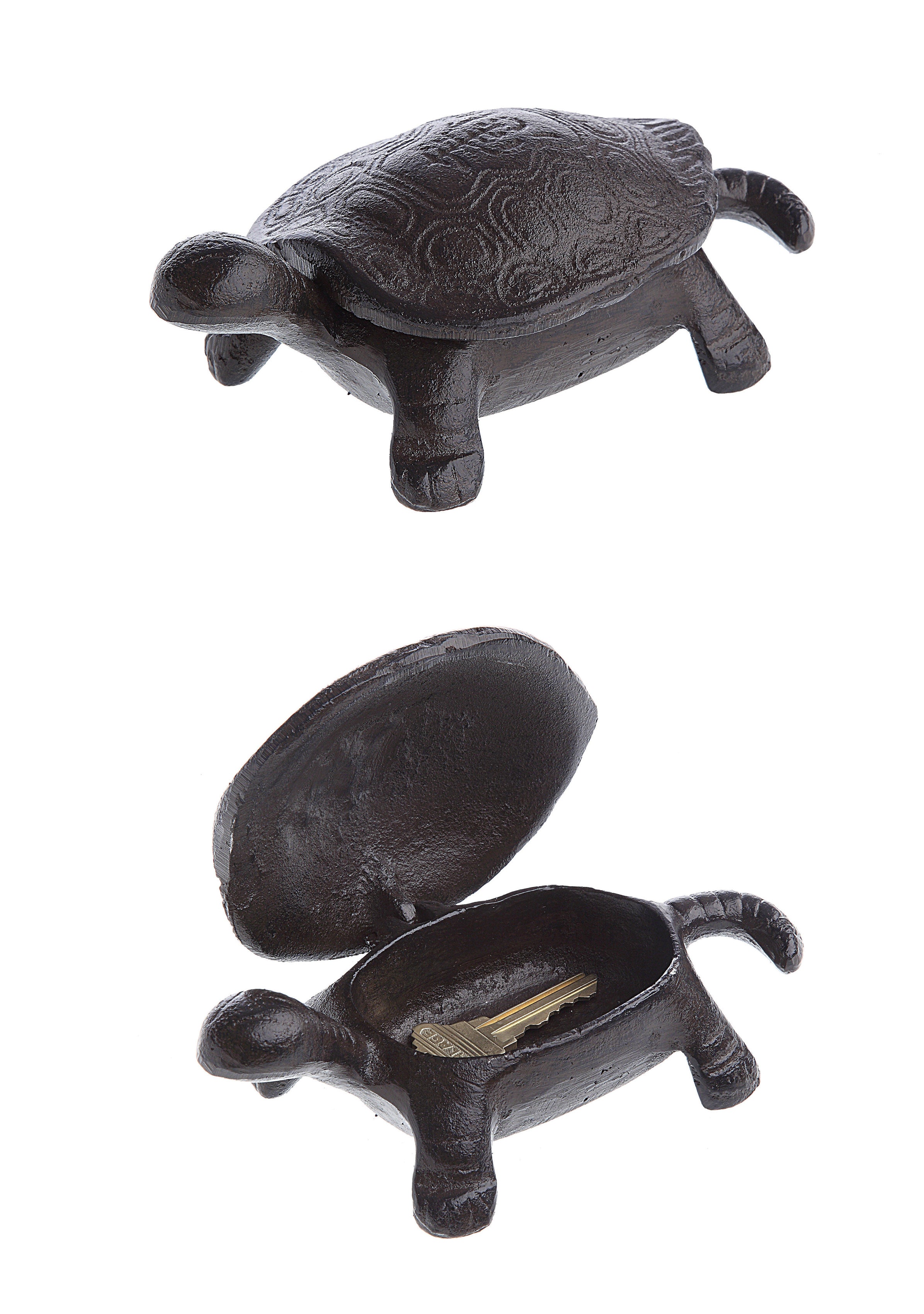 Decorative cast iron tortoise-shaped key box in black color.